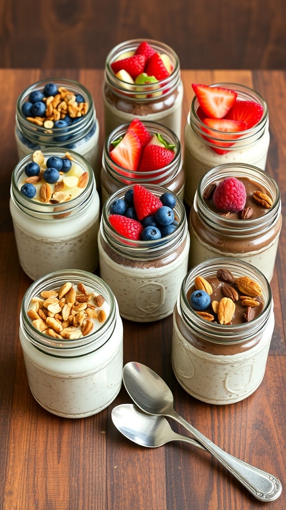 An assortment of overnight oats in jars with fruits and nuts on a wooden table.